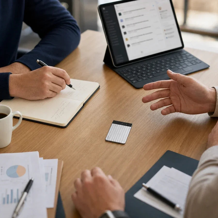 Professionnel comparant plusieurs outils d'IA de prise de notes sur son ordinateur portable.