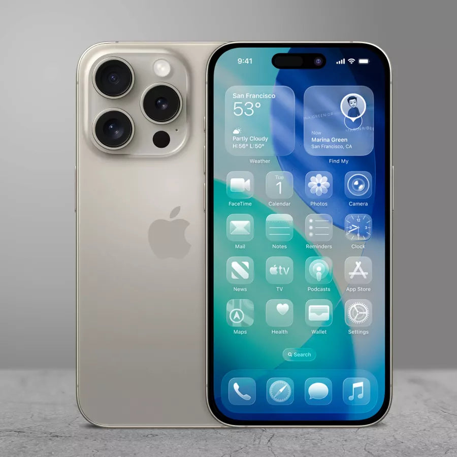 Un iPhone doré avec son écran affichant des icônes d'applications et des widgets, posé sur un fond gris.
