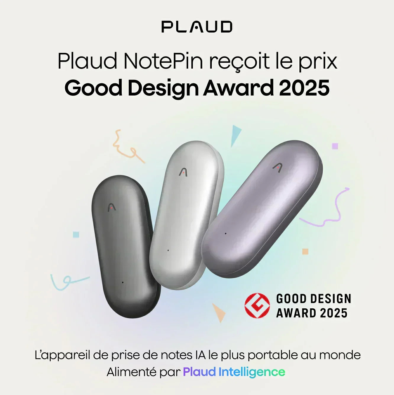 Trois Plaud NotePin gris, argent et lavande sont présentés, célébrant leur prix Good Design Award 2025.