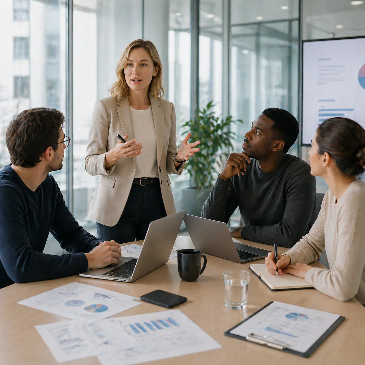 Groupe de personnes en réunion avec ordinateurs portables