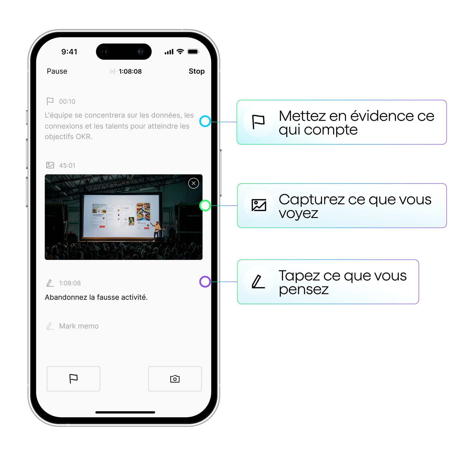 L'application Plaud sur un smartphone blanc, affichant une transcription, surlignage, capture d'images et ajout de notes.