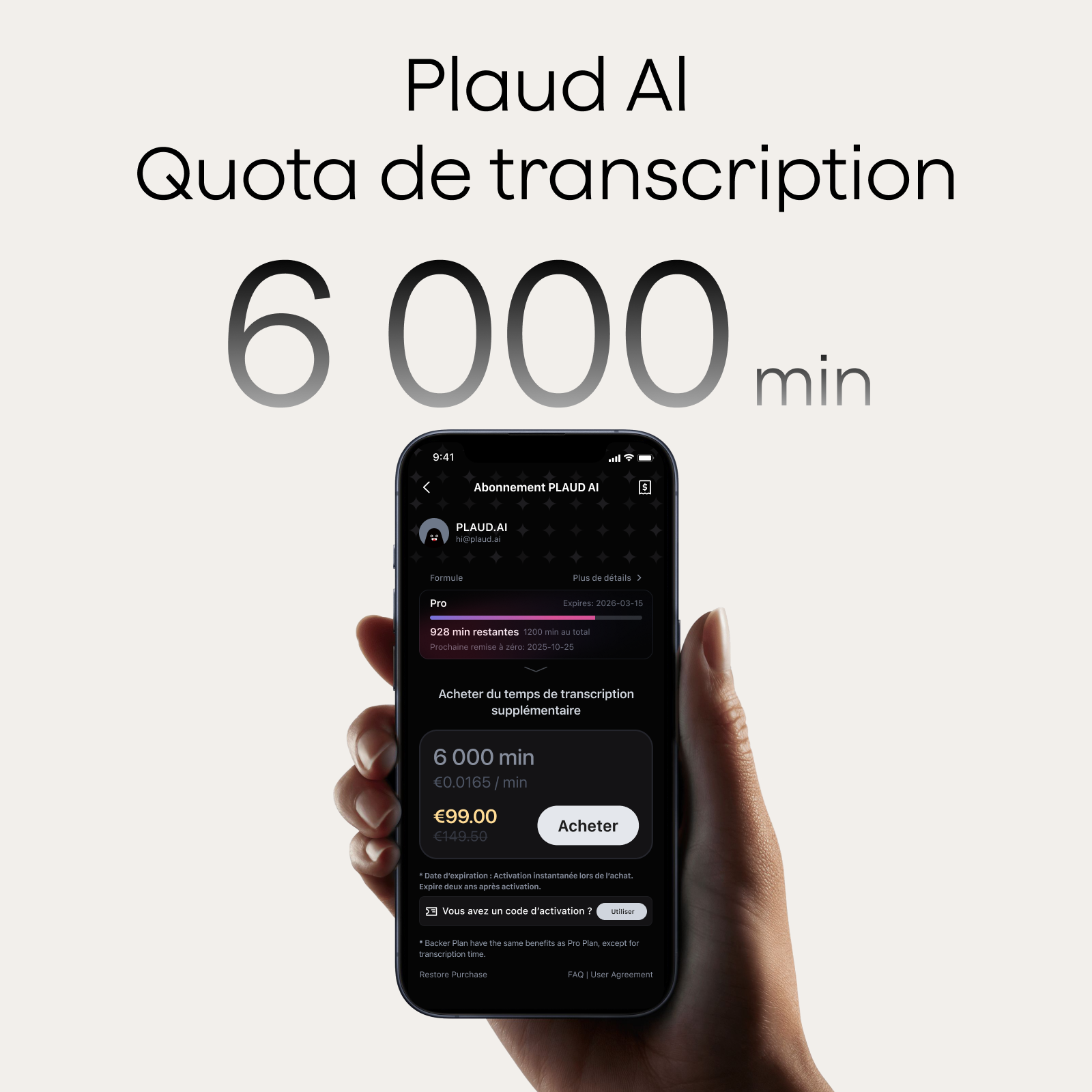 Abonnement Annuel Pro & Quota de Transcription Plaud AI