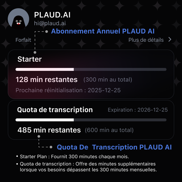 Abonnement Annuel Pro & Quota de Transcription PLAUD AI
