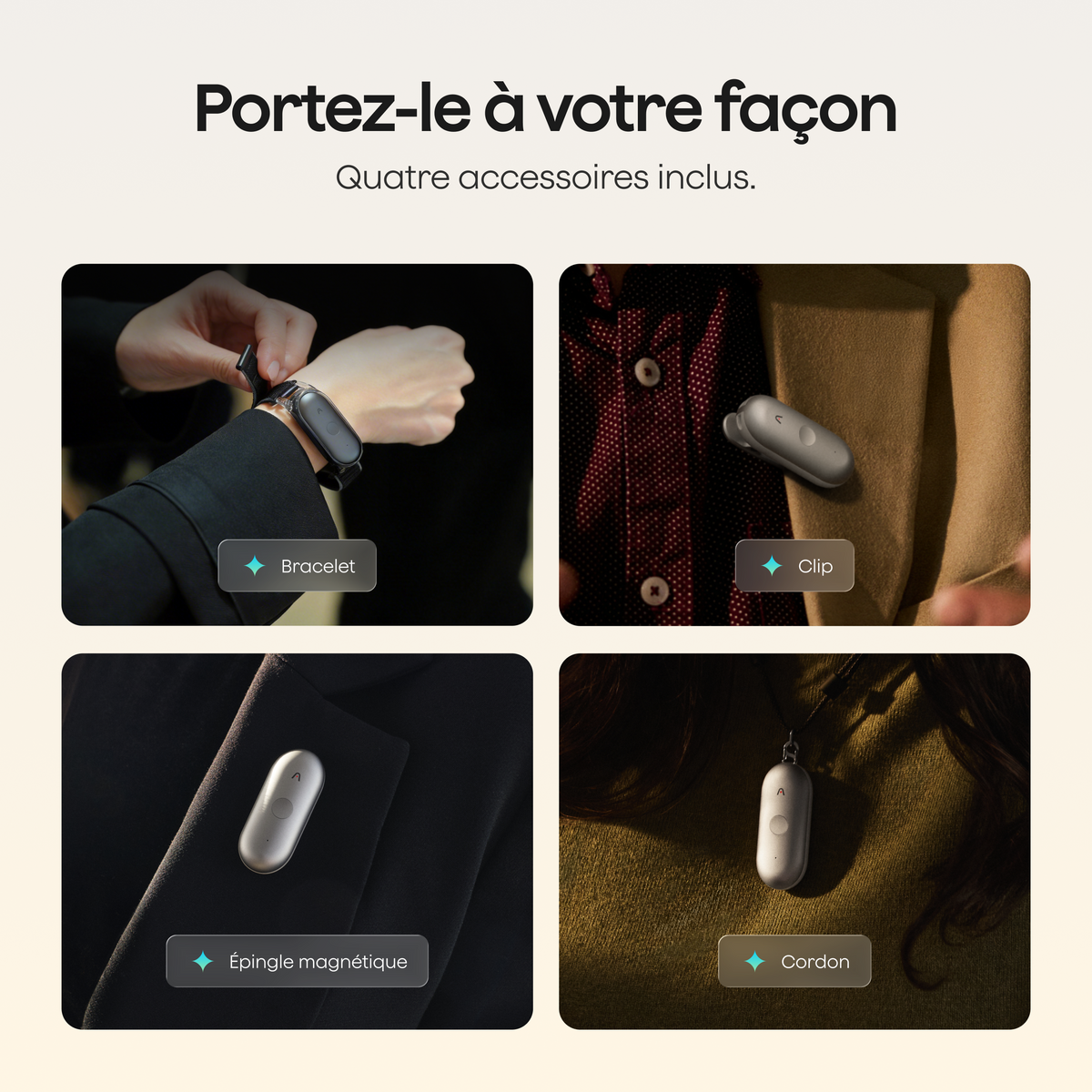 Quatre façons de porter le Plaud NotePin S avec les accessoires inclus : bracelet, clip, épingle magnétique et cordon.