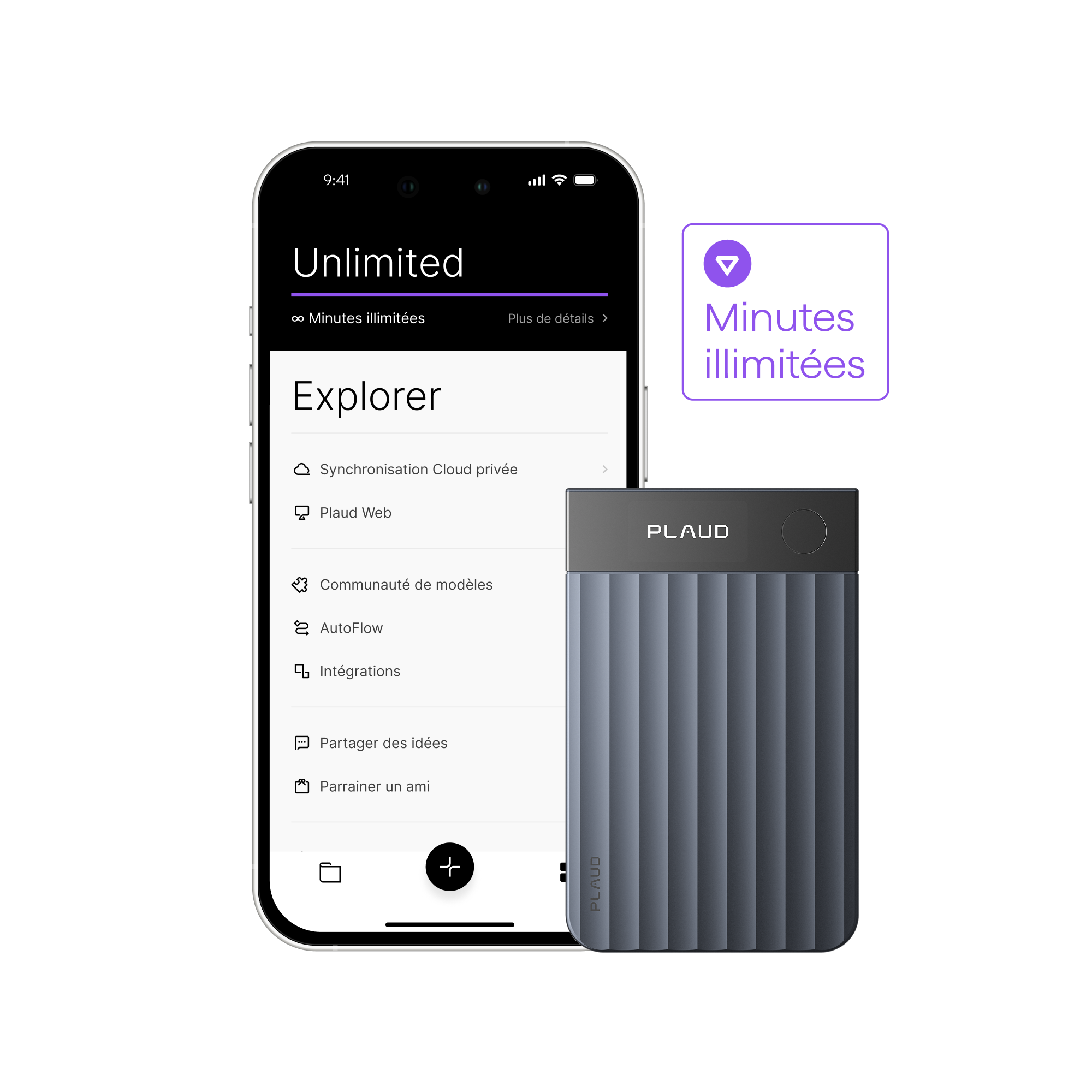 Un smartphone affiche l'application Plaud avec des fonctionnalités illimitées, à côté d'un Plaud Note Pro gris ardoise.