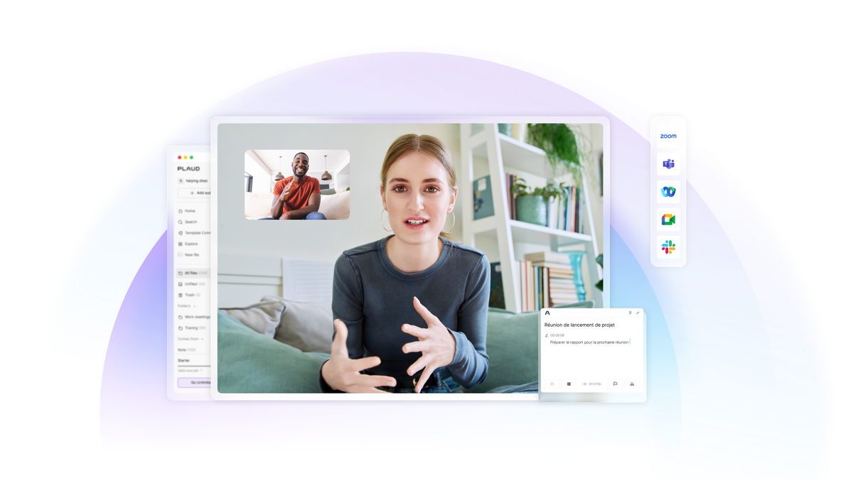 L'interface de l'application Plaud est intégrée à un appel vidéo et à des outils de collaboration.