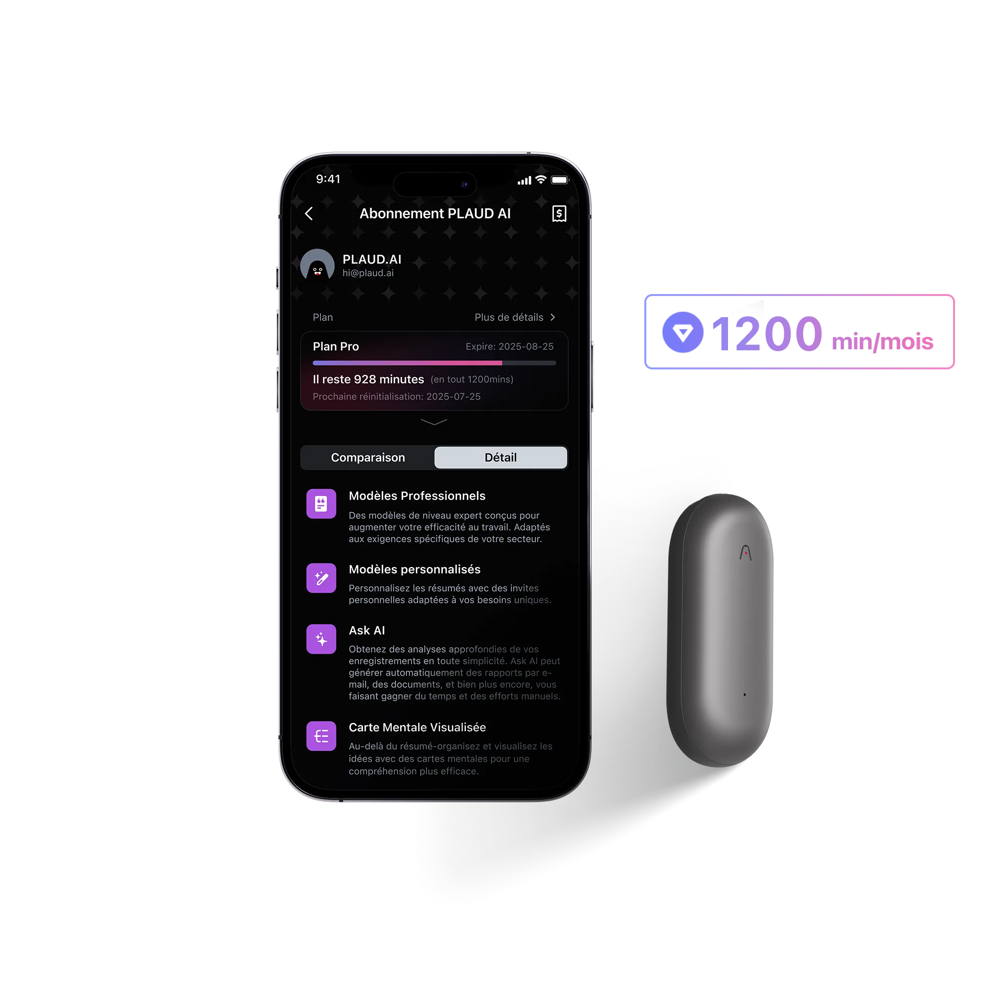 Plaud NotePin et Abonnement Annuel à l’IA Pro Plan