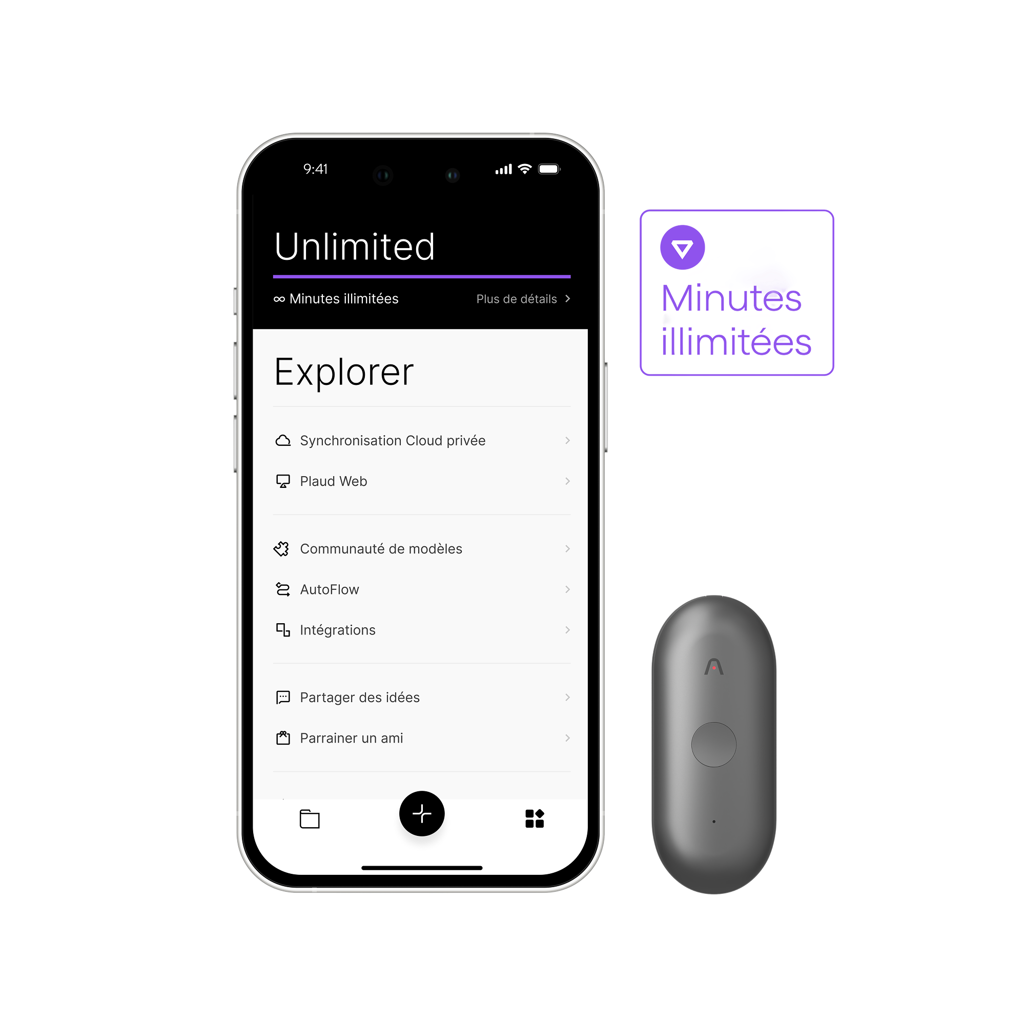 Un smartphone affiche l'App Plaud avec l'option