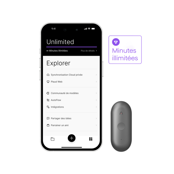 Un smartphone affiche l'App Plaud avec l'option "Minutes illimitées" et un Plaud NotePin S gris foncé.