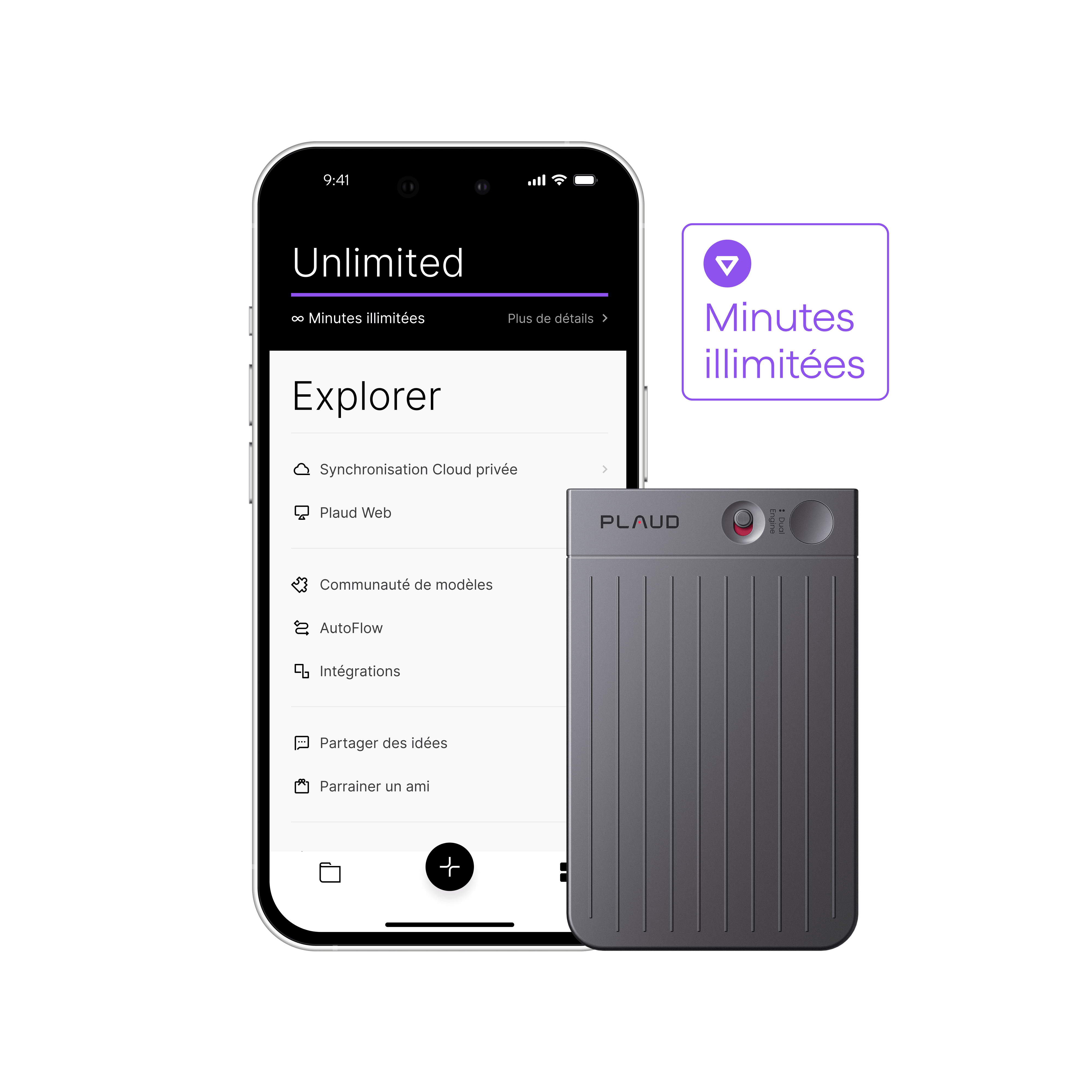 Un Plaud Note gris foncé est posé à côté d'un smartphone affichant l'application Plaud avec l'option « Minutes illimitées ».