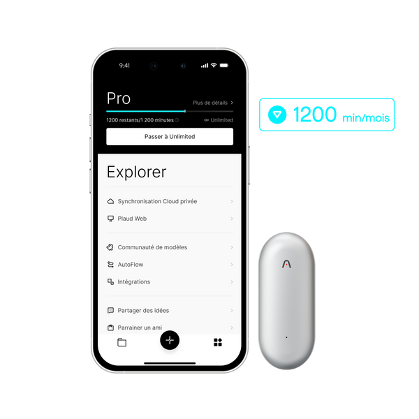 L'interface de l'application Plaud App sur un smartphone, affichant les détails du plan Pro avec 1200 min/mois.