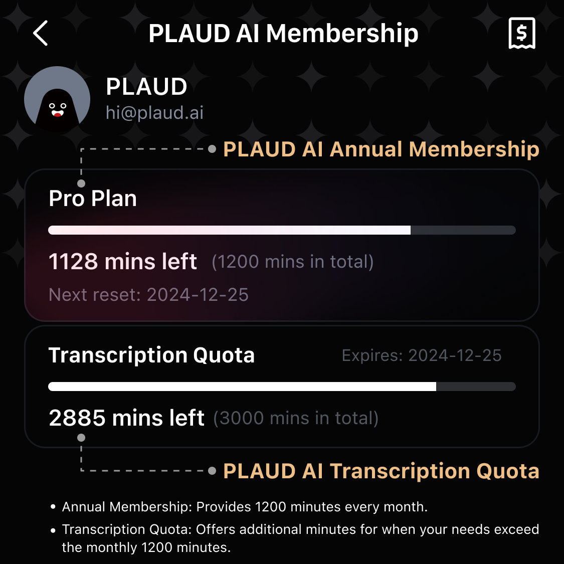 Quota de transcription PLAUD AI (6000/3000/600 minutes)