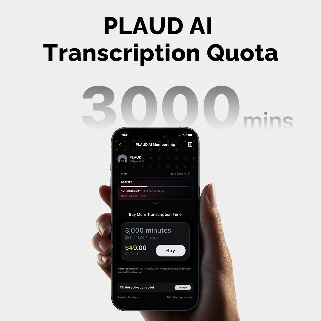 Quota de transcription PLAUD AI (6000/3000/600 minutes)