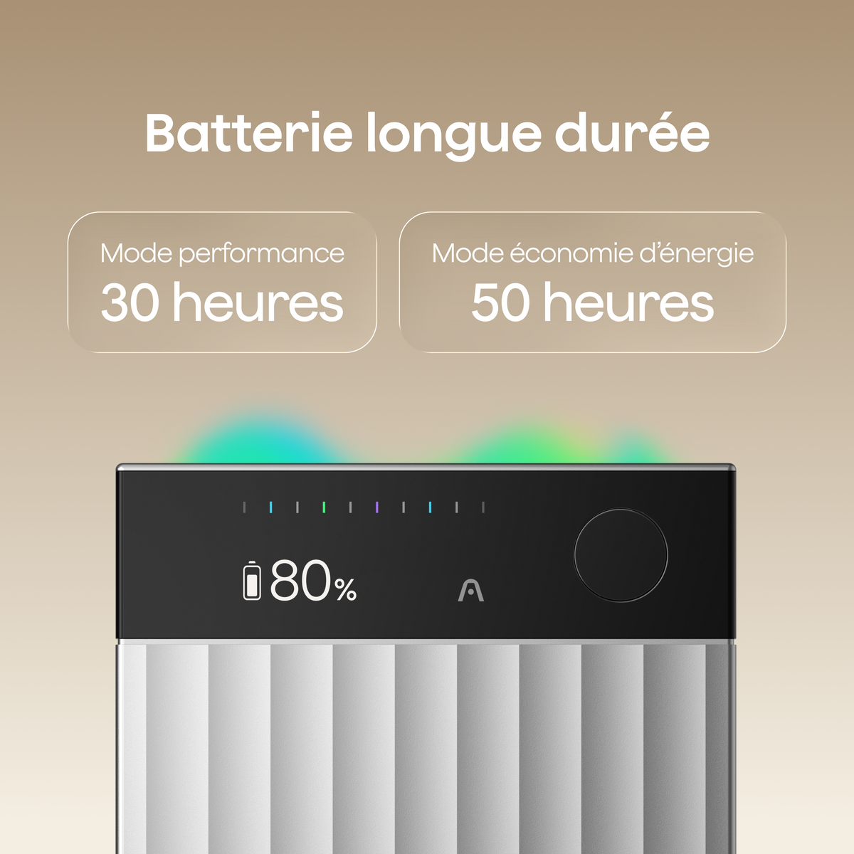 Le Plaud Note Pro argenté affiche 80 % de batterie, offrant 30 heures en mode performance et 50 heures en mode économie d'énergie.