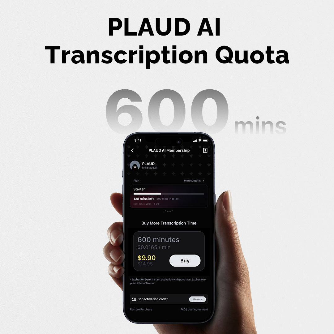 Quota de transcription PLAUD AI (6000/3000/600 minutes)
