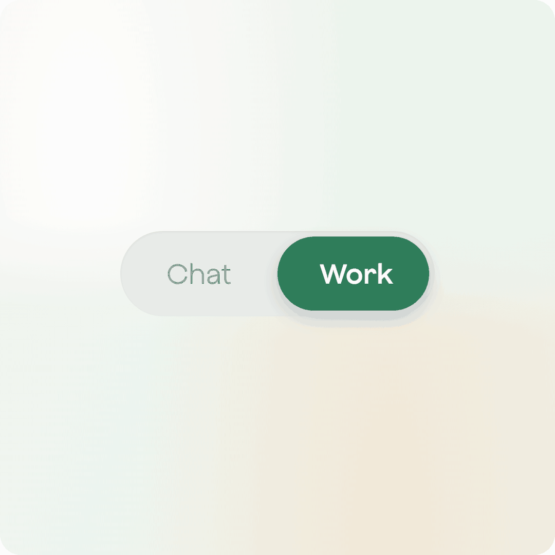 Un sélecteur d'interface affiche les options Chat et Work, avec l'onglet Work sélectionné en vert.