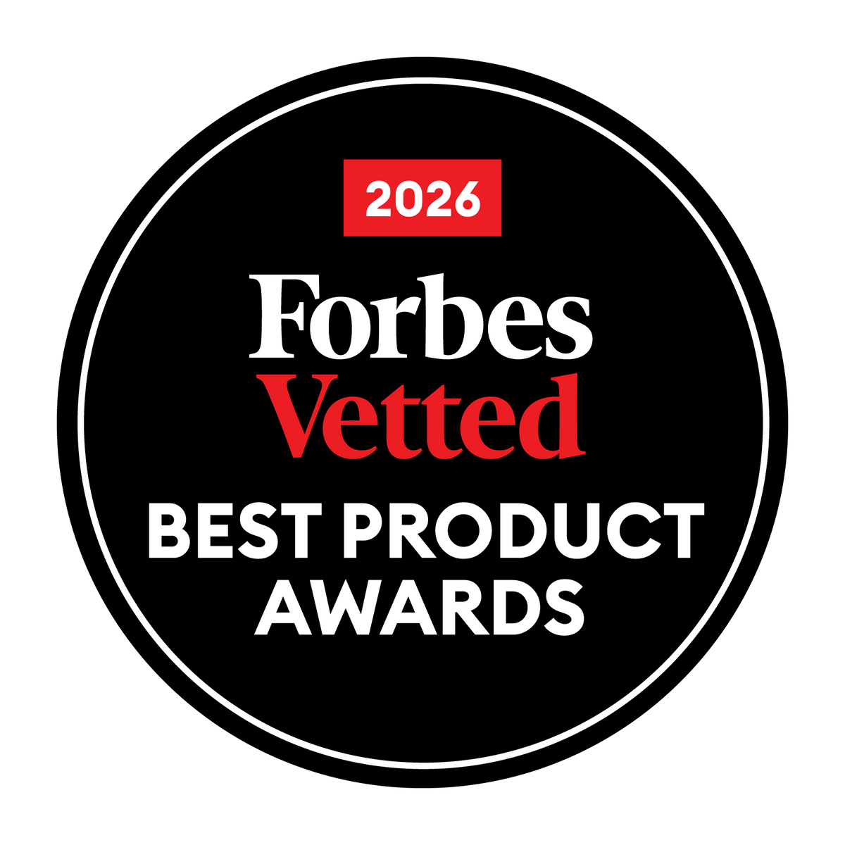 Badge noir circulaire Forbes Vetted Best Product Awards 2026, reconnaissant un produit primé.