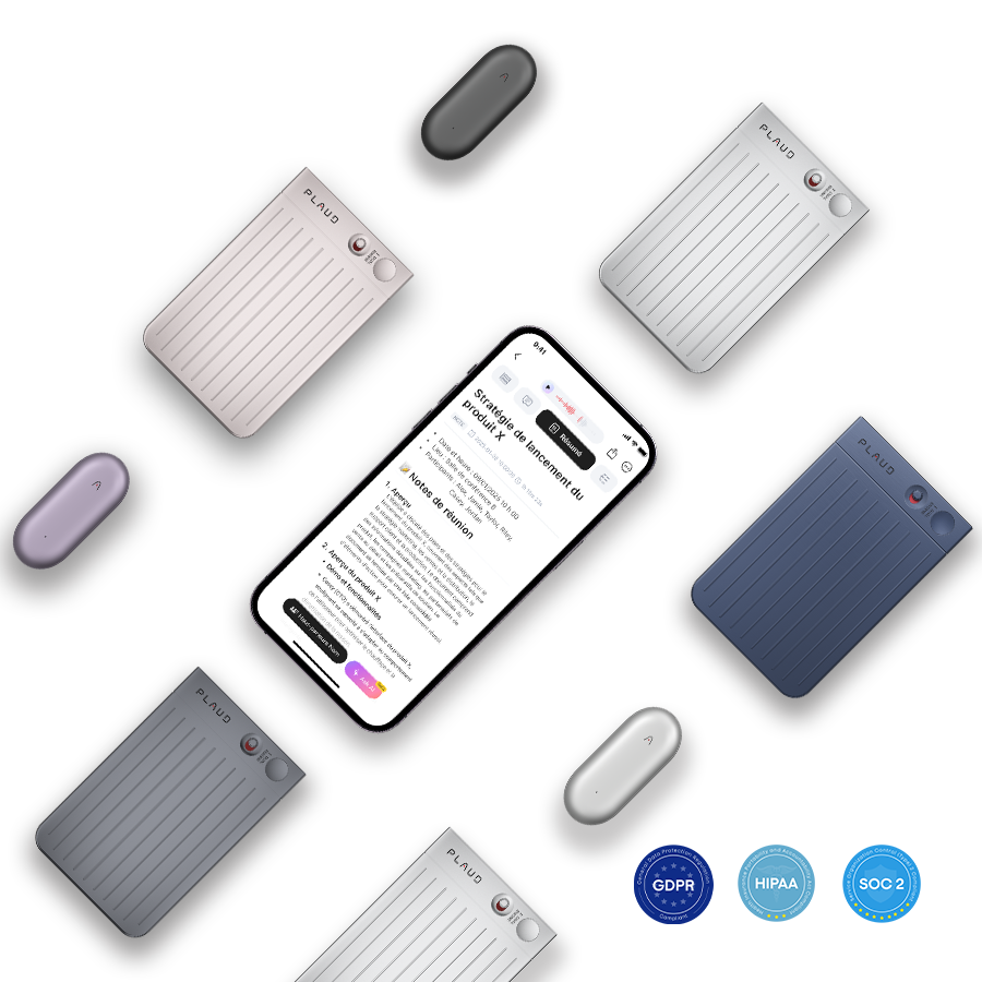 Un smartphone avec l'App Plaud et des notes de réunion, entouré de Plaud Note et Plaud NotePin de diverses couleurs