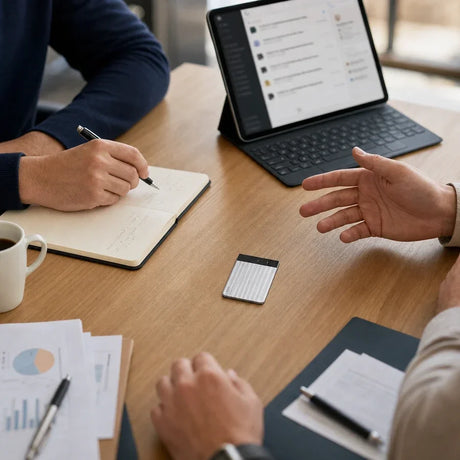 Professionnel comparant plusieurs outils d'IA de prise de notes sur son ordinateur portable.