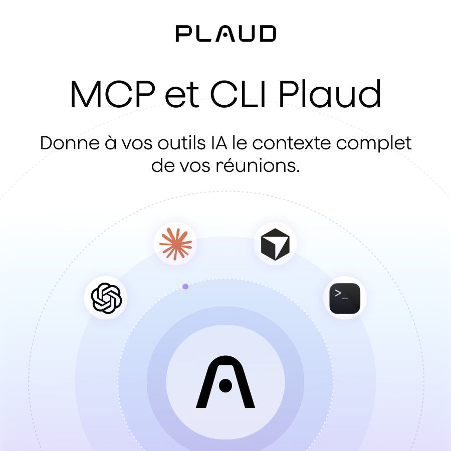 Graphique Plaud montrant le logo central entouré d'icônes d'outils IA et de CLI