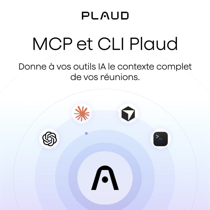 Graphique Plaud montrant le logo central entouré d'icônes d'outils IA et de CLI