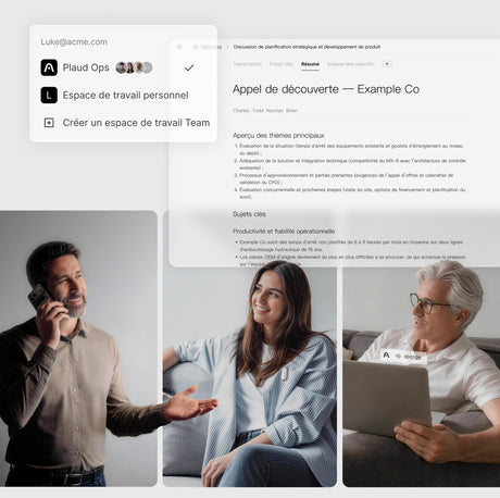 Des personnes utilisent l'application Plaud et un Plaud NotePin S blanc pour des réunions et la collaboration