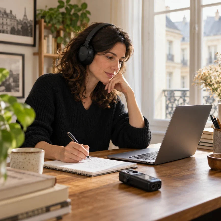 Professionnelle examinant une transcription audio à son bureau