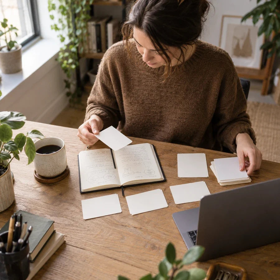 Professionnelle organisant ses notes et ses idées à son bureau.