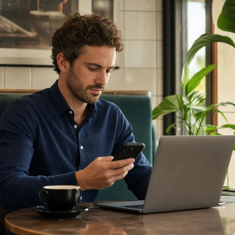 Homme consultant son téléphone et son ordinateur portable dans un café