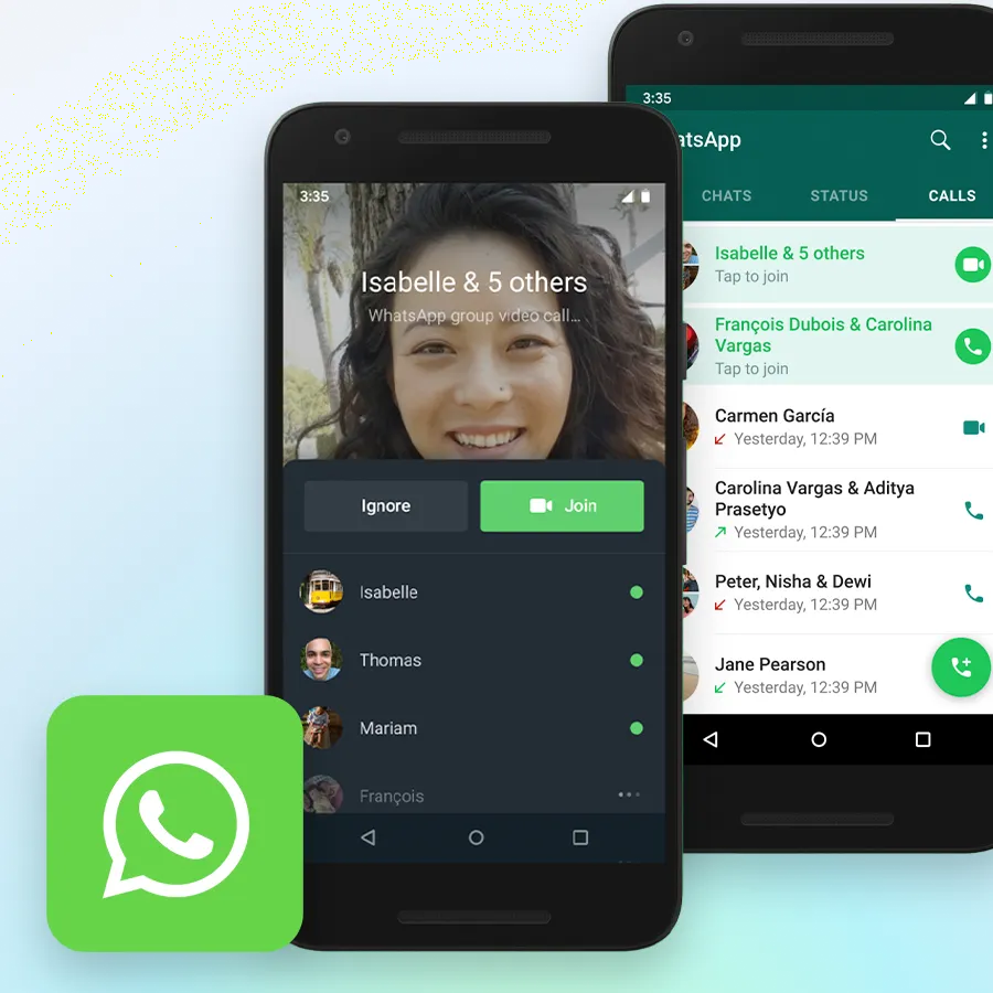 Deux smartphones noirs affichent l'application WhatsApp, l'un avec un appel vidéo de groupe
