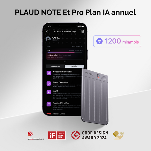 PLAUD NOTE et abonnement annuel à l’IA Pro Plan
