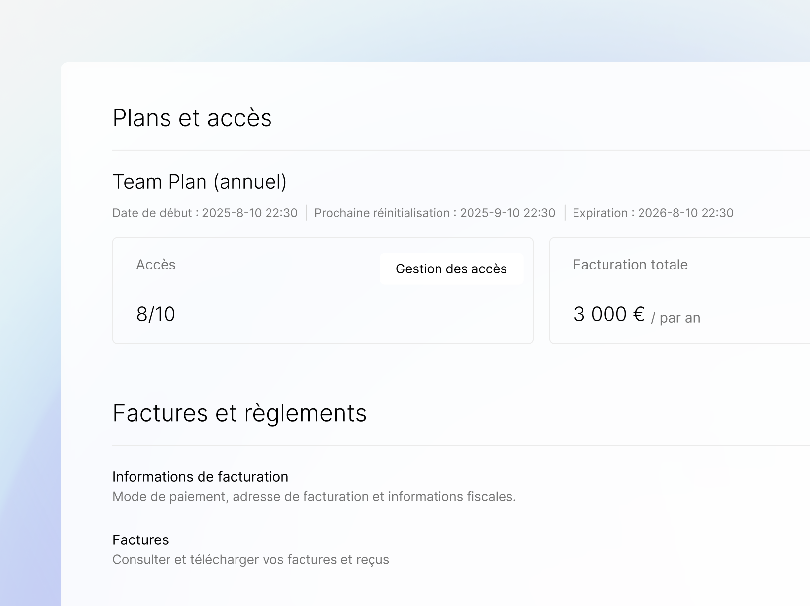 Capture d'écran de l'interface utilisateur Plaud affichant les détails d'un "Team Plan" annuel avec 8/10 accès.