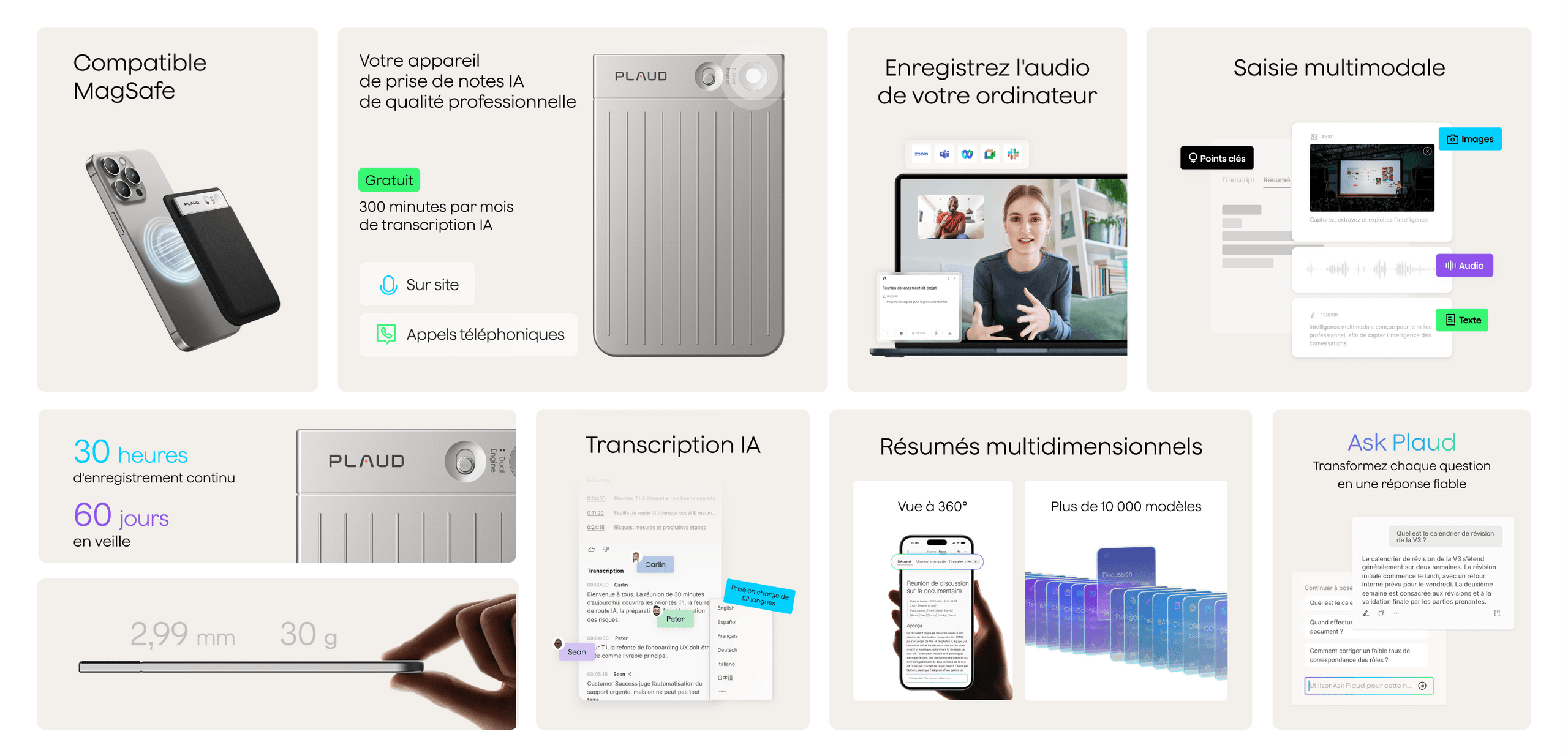 Aperçu des fonctionnalités du Plaud Note, illustrant sa compatibilité MagSafe, l'enregistrement audio, la transcription IA.