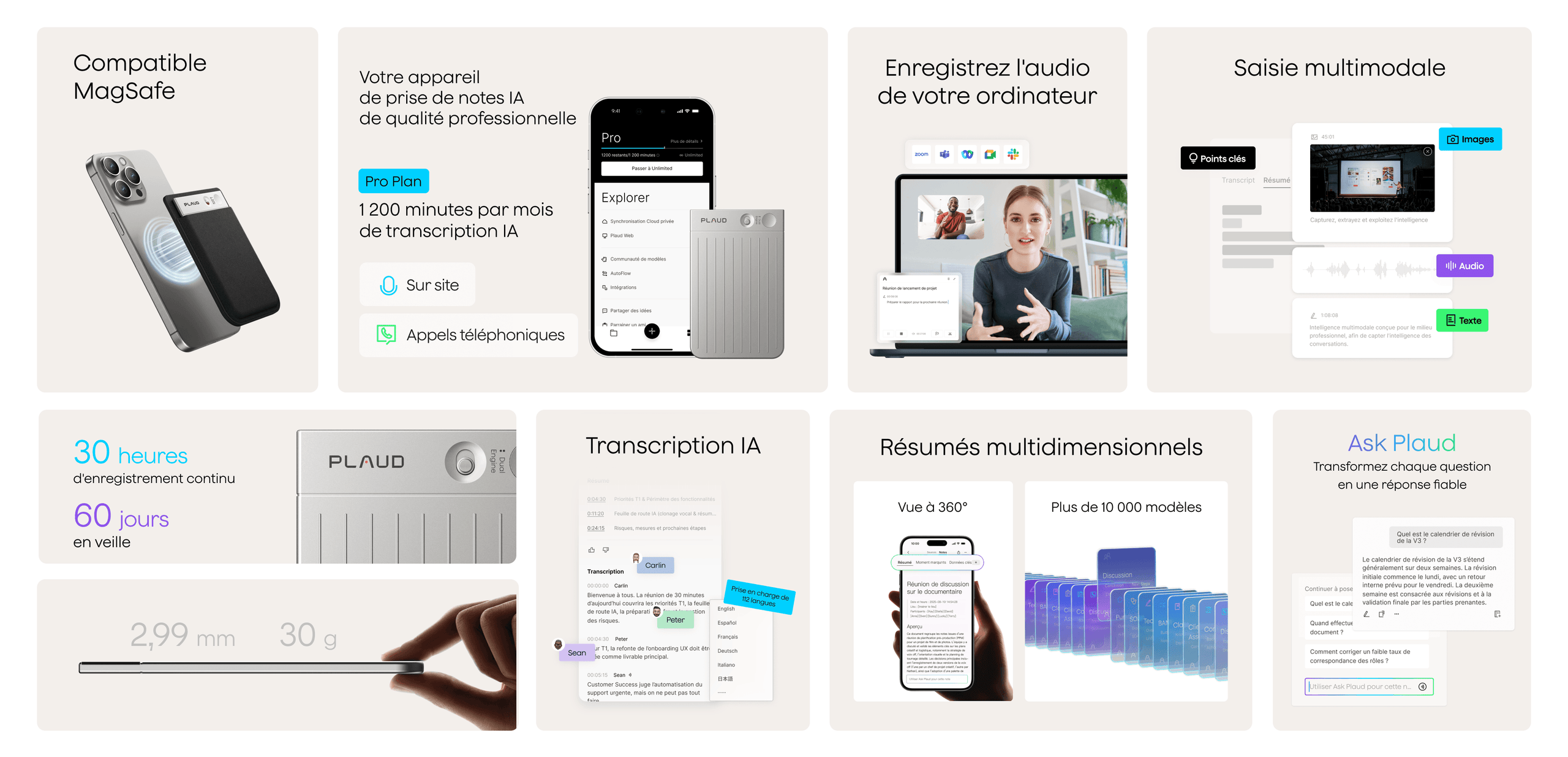 Une grille d'images présente les fonctionnalités des Plaud Note et Plaud Note Pro, comme MagSafe, la transcription IA.
