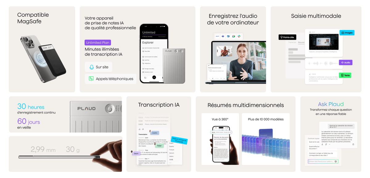 Mosaïque d'images du Plaud Note argenté, sa finesse, compatibilité MagSafe et fonctions de l'App Plaud.