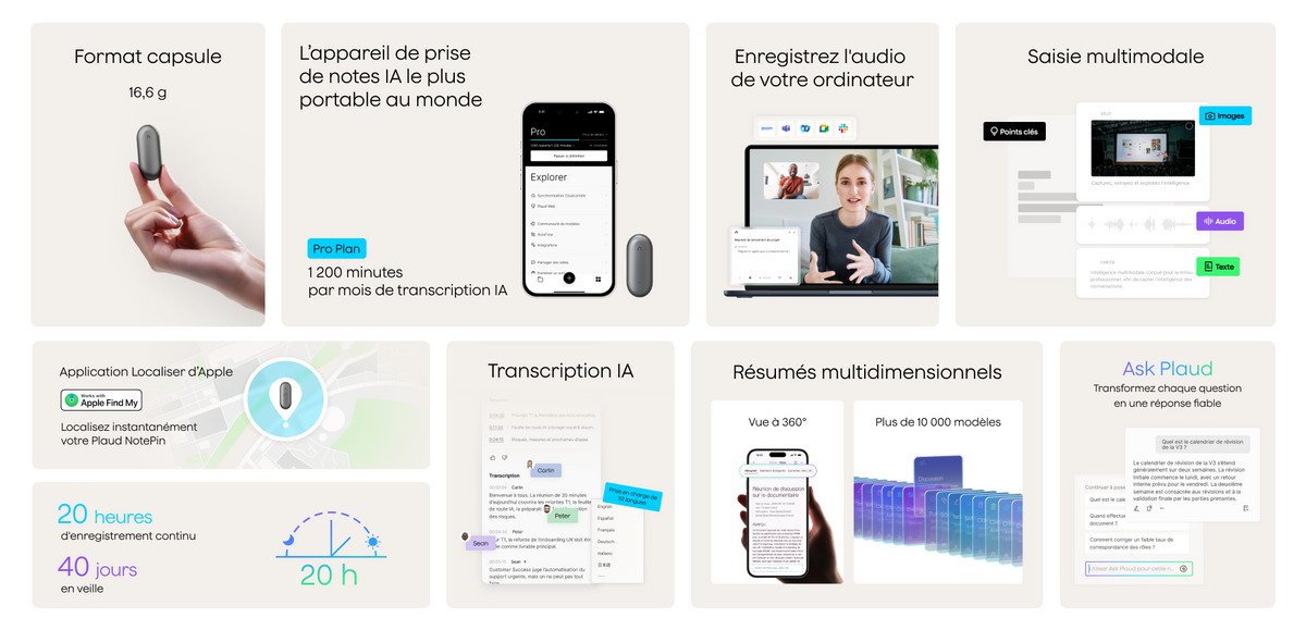 Une mosaïque d'écrans de smartphone et d'ordinateur portable présentant les fonctionnalités du Plaud NotePin.