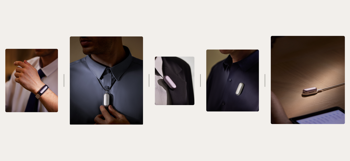 Plusieurs vignettes montrent le Plaud NotePin S argent porté comme un collier, épinglé à une chemise ou en charge.