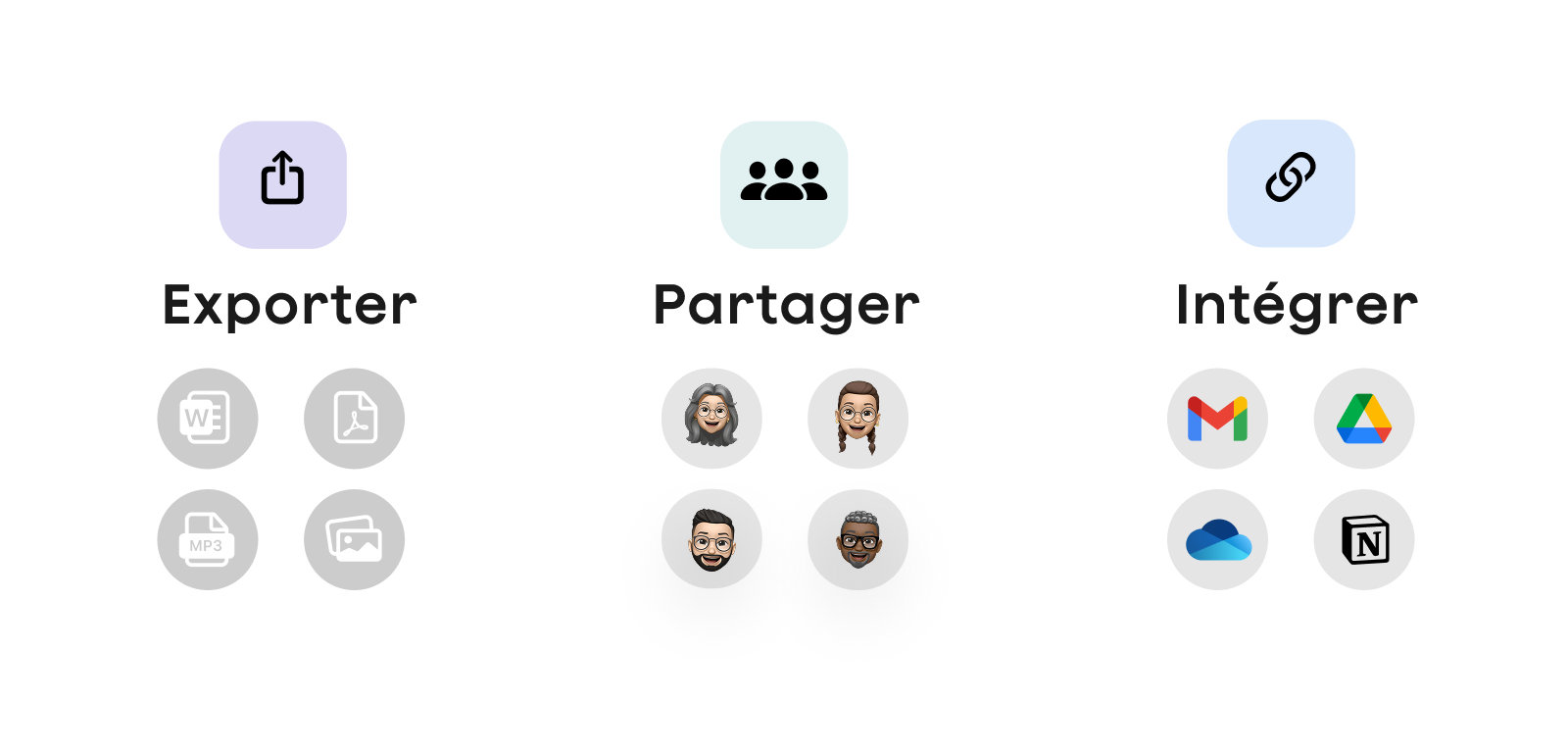 Options Plaud: exporter (Word, PDF, MP3, image), partager avec des personnes, intégrer (Gmail, Drive, OneDrive, Notion).