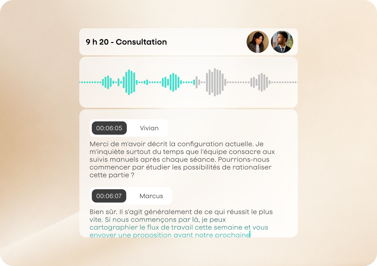 A consultation recording showing a waveform and a speaker-labelled transcript