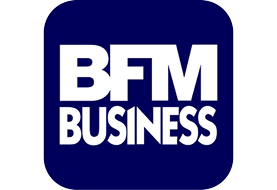 Logo de BFM Business, un carré bleu foncé avec le texte blanc "BFM BUSINESS".