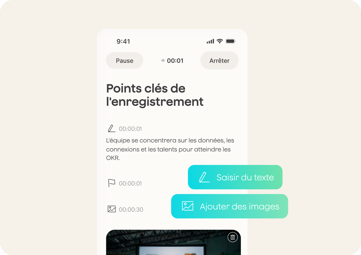 A recording screen with highlights, a flagged moment, an added photo, and controls to add images or notes