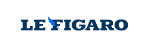 Logo du journal Le Figaro, affichant le nom en bleu foncé avec une plume d'oie bleue.