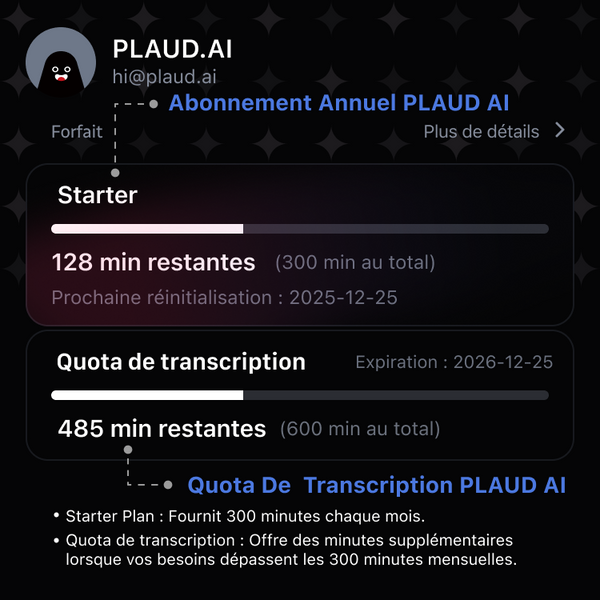 Quota de transcription PLAUD AI (6000/3000/600 minutes)
