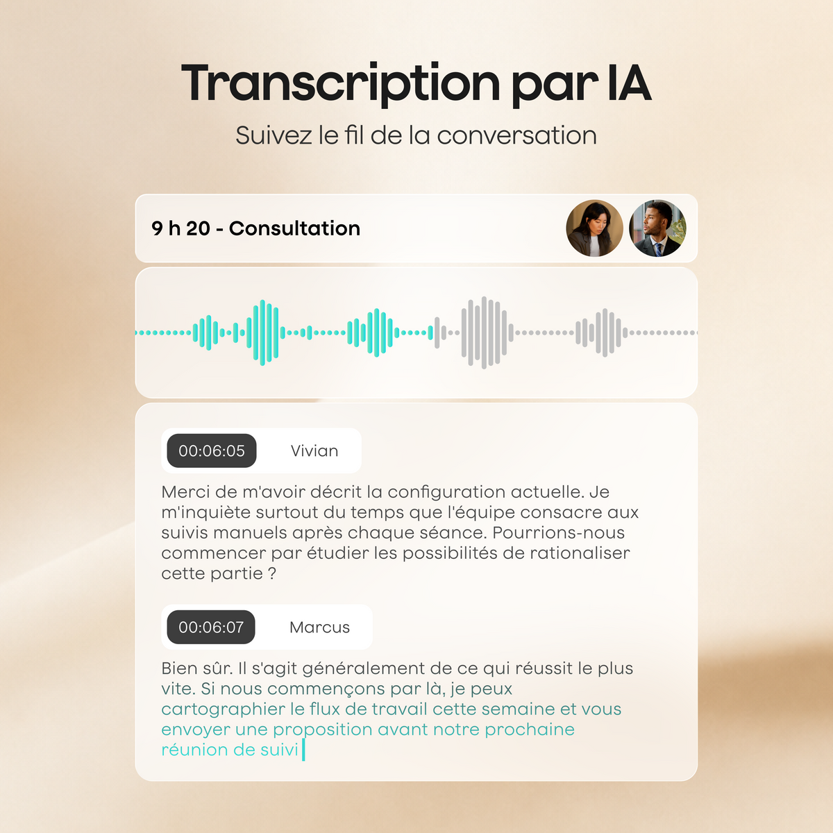 L'interface de l'application Plaud affiche une transcription par IA d'une consultation, avec une forme d'onde et un dialogue entre deux participants.