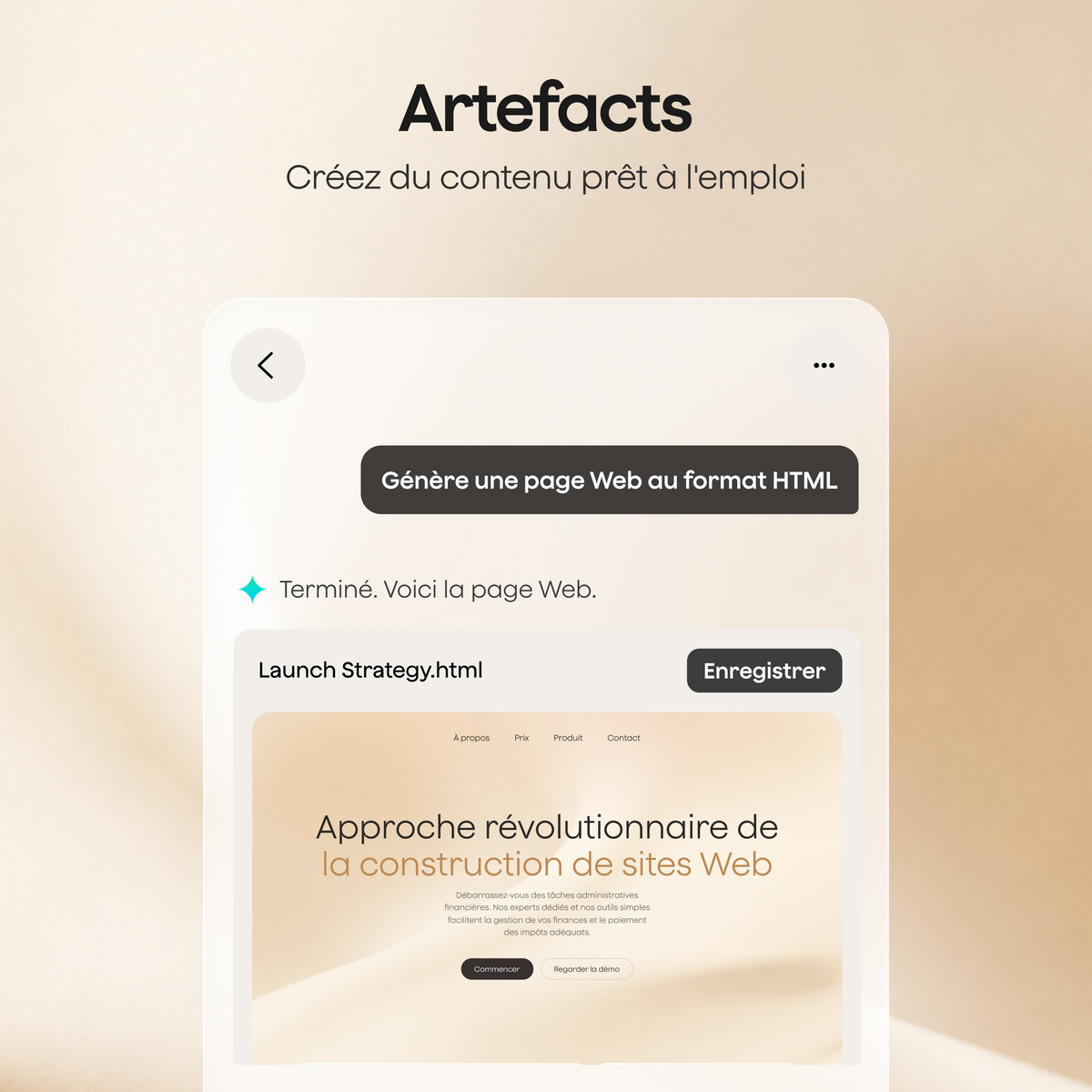 L'interface présente la fonction Artefacts créant une page Web HTML nommée Launch Strategy à partir d'une commande textuelle.