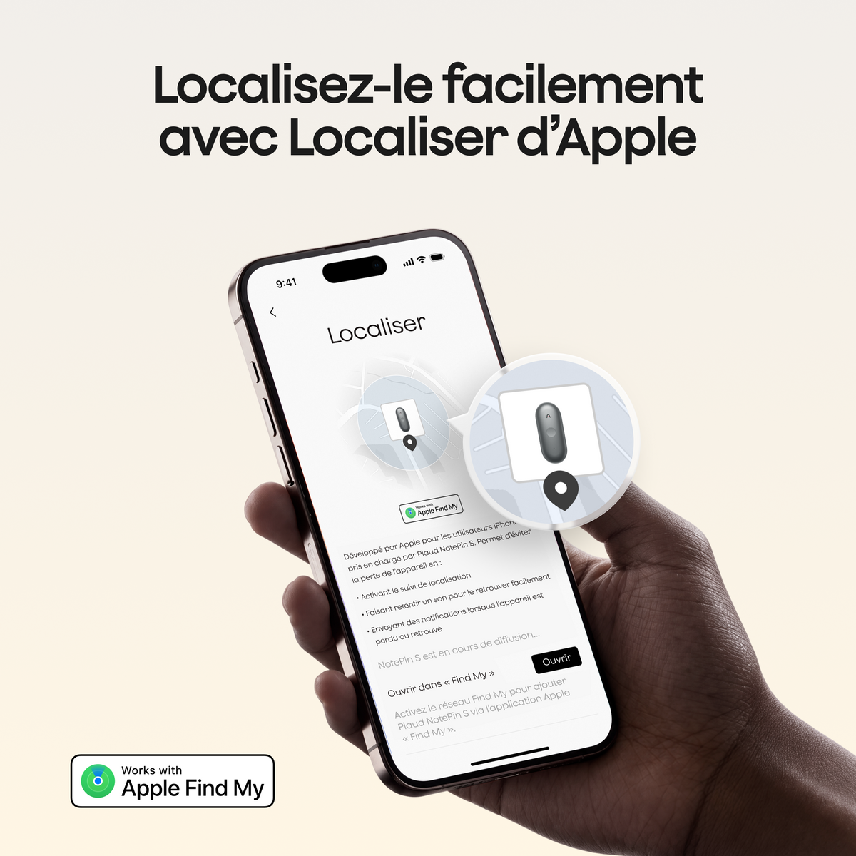 L'application Localiser d'Apple sur un smartphone permet de situer facilement un Plaud NotePin S gris sur une carte.