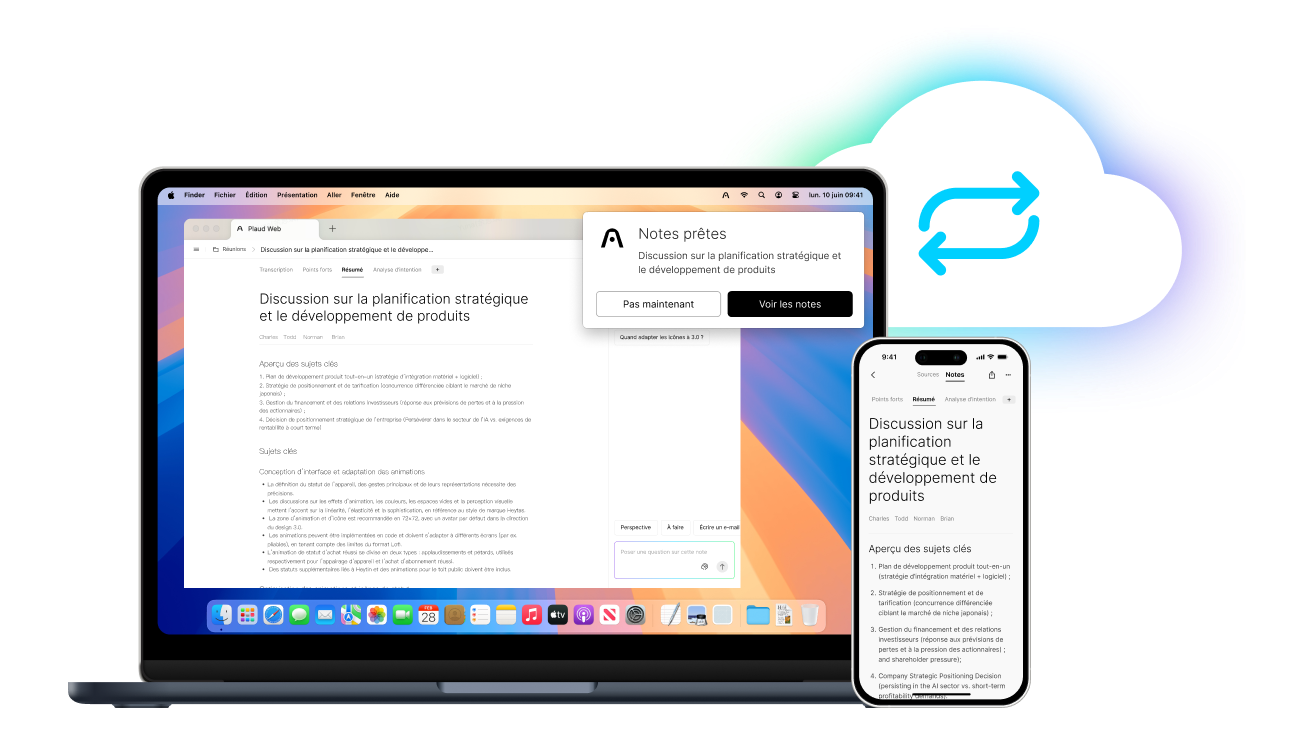 Un ordinateur portable et un smartphone affichent des notes de réunion Plaud synchronisées via le cloud