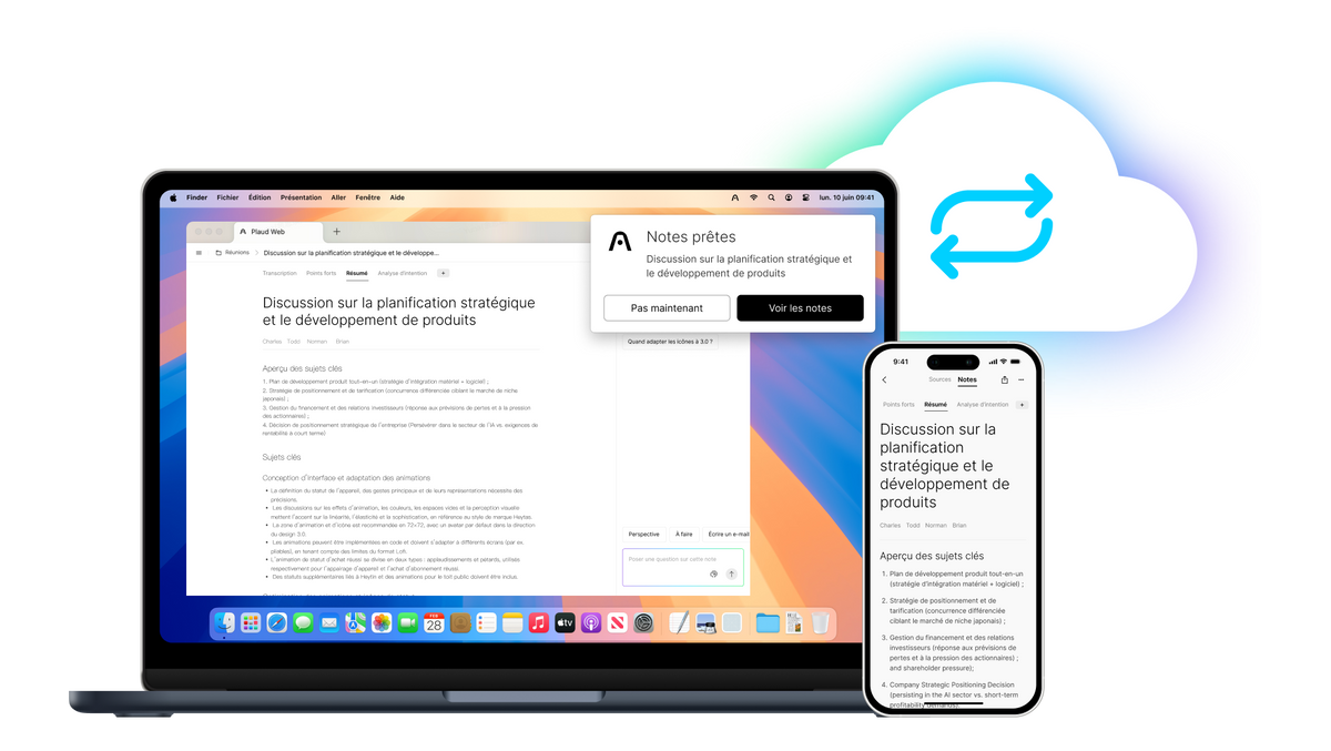 Le Plaud Web sur un ordinateur portable et l'App Plaud sur un smartphone affichent des notes synchronisées
