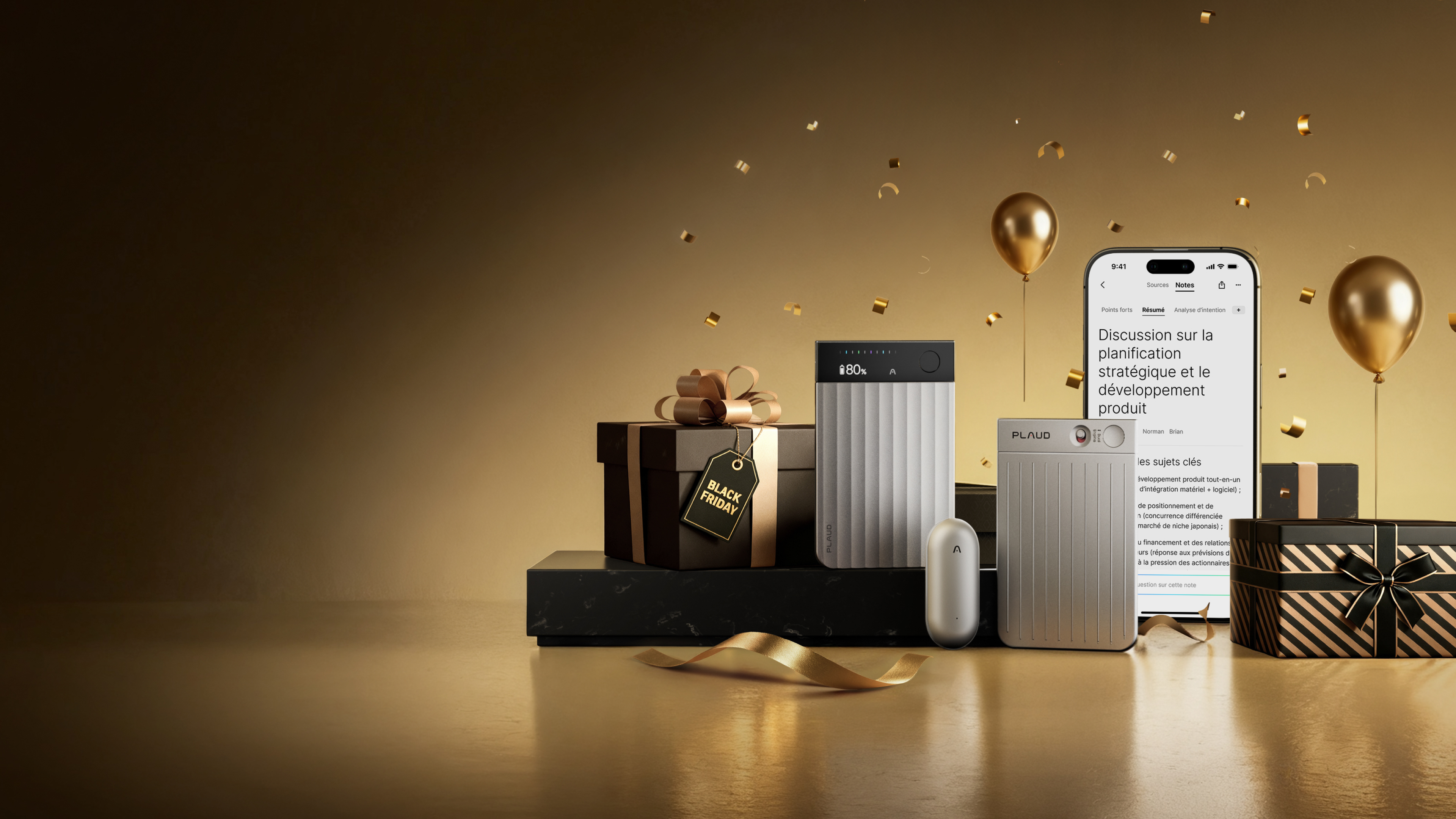 <span class="bfs-desc">Offre Black Friday</span>
<span class="black-friday-sale">
    Jusqu’à <span class="highlight">20 %</span> <br>de réduction
</span>
<span class="bfs-desc">
    Boostez votre prise de notes <br> avec Plaud.
</span>
<style>
    .bfs-desc {
        display: block;
        font-size: 24px;
        font-weight: 400;
    }
    .black-friday-sale {
        font-size: 64px;
        line-height: 1.5;
    }
    .black-friday-sale .highlight {
        letter-spacing: -0.02em;
        background: linear-gradient(180deg, #F6E2A2 0%, #DEAA65 100%);
        -webkit-background-clip: text;
        -webkit-text-fill-color: transparent;
        background-clip: text;
        text-fill-color: transparent;
        font-size: 92px;
        font-weight: 600;
    }
    @media screen and (max-width:1600px) {
        .black-friday-sale {
            font-size: 52px;
        }
        .black-friday-sale .highlight {
            font-size: 72px;
        }
    }
    @media screen and (max-width: 768px) {
        .bfs-desc {
            font-size: 18px;
        }
        .black-friday-sale {
            font-size: 36px;
        }
        .black-friday-sale .highlight {
            font-size: 56px;
        }
    }
</style>