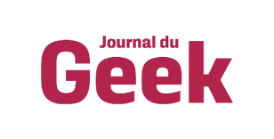 Logo du Journal du Geek en lettres rouge foncé sur fond noir.